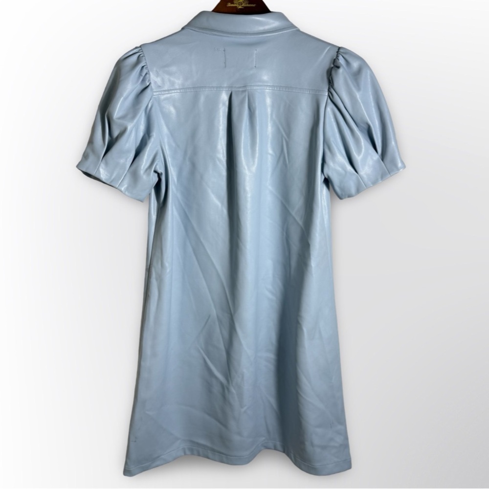 Dolce Cabo Powder Blue Faux Leather Dress Women’s Small Puff Sleeve Shift - Picture 2 of 4